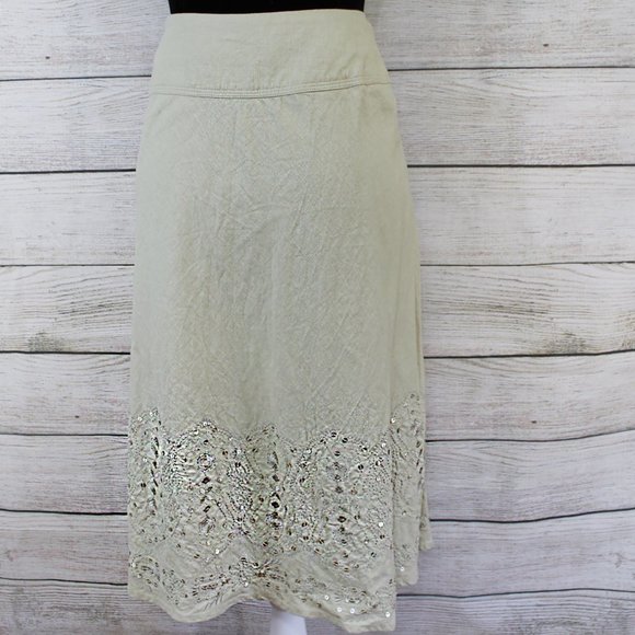MERONA Neutral Linen, Sequin Embellished, A-Line Midi Skirt - Picture 3 of 8